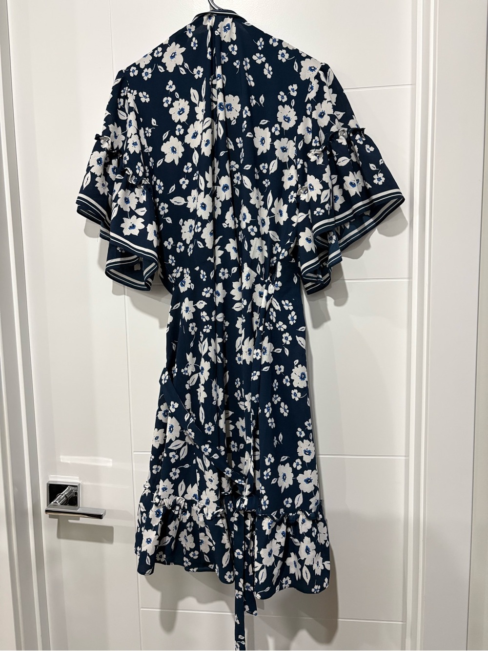 Max Studio Navy Floral V-Neck Tiered Midi Dress with Self-Tie Belt - Picture 3 of 7